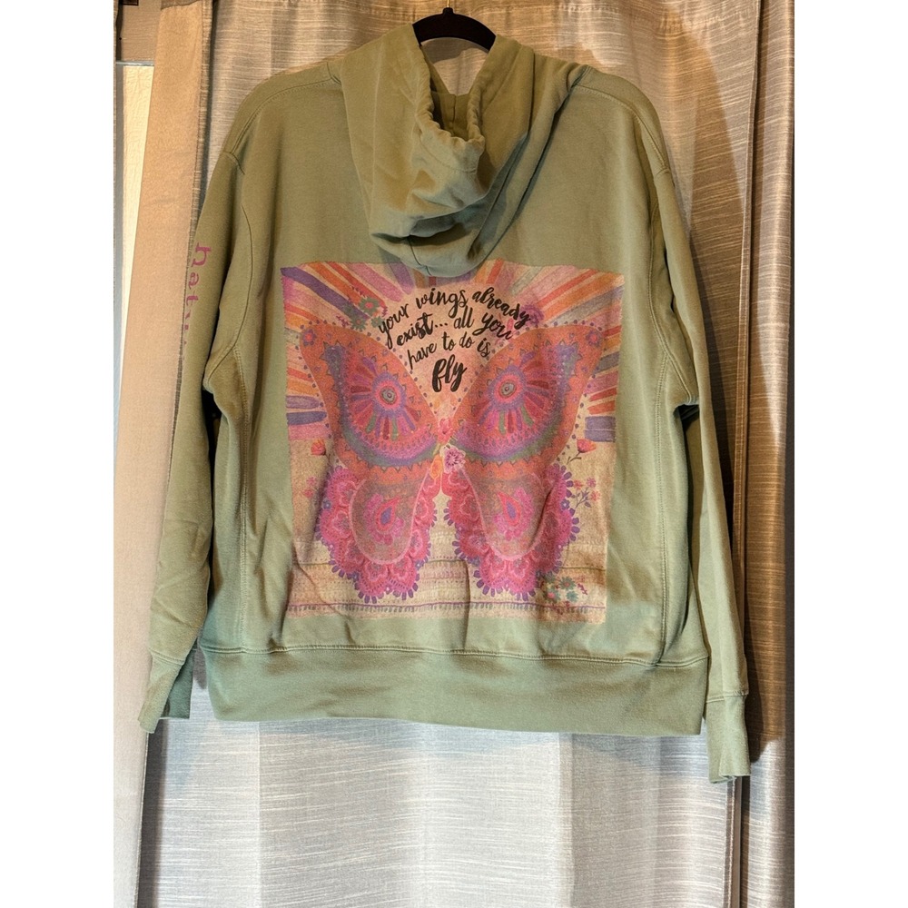 Natural Life Sage Green Butterfly Graphic Hoodie Sweatshirt Sz M Oversized Boho